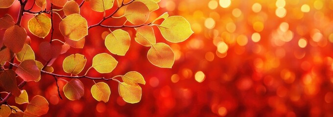 Leinwandbilder - Autumn leaves with red bokeh background.