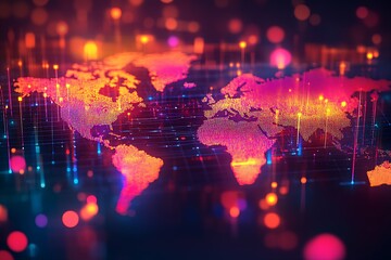 Poster - Bright Digital Global Map with Neon Lights and Network Connections Abstract Design : Generative AI