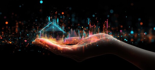 Poster - Hand holding abstract luminous house and city.