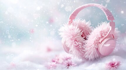Poster - pastel pink fluffy earmuff hovering mid air against a soft gradient background of pale lavender and 