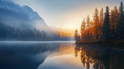 Poster - Serene Autumn Morning at Misty Lake with Reflective Mountain View : Generative AI