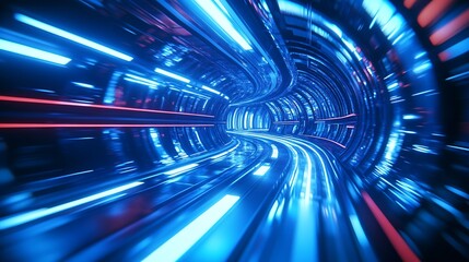 Aufkleber - Cyberpunk Sci-Fi Tunnel With Blue and Red Neon Light Simulation : Generative AI