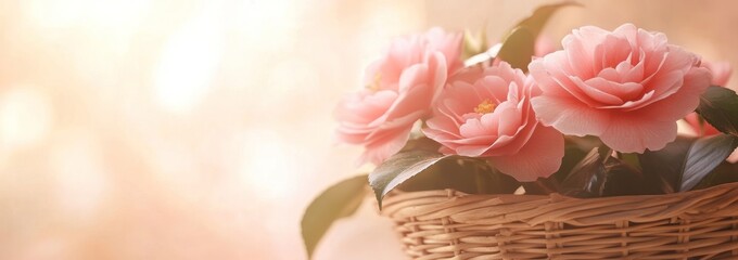 Poster - Pink roses in wicker basket with soft, warm bokeh background.