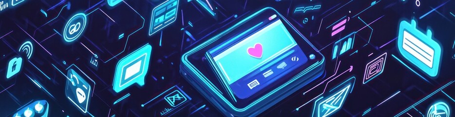 Poster - Neon digital grid with phone,icons.