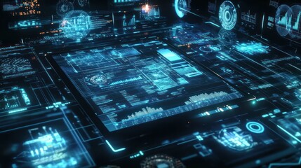 Poster - Futuristic blue glowing interface with complex data visualizations.