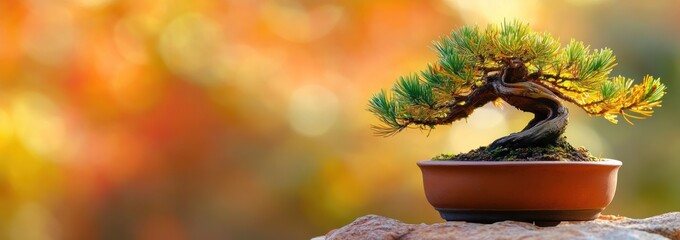Aufkleber - Bonsai tree on a rock with orange blurred background.