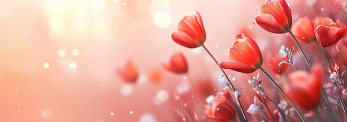 Aufkleber - Red tulips with bokeh lights, floral nature background.