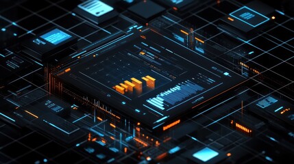 Leinwandbilder - Microchip with data graphics, black background.