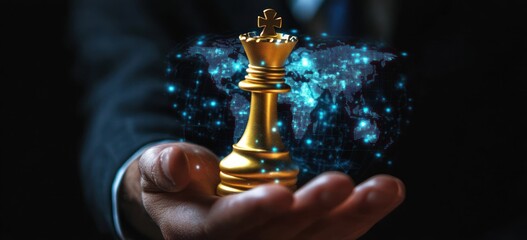 Poster - Gold king chess piece over global network in hand.
