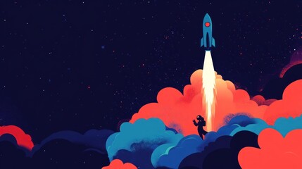 Aufkleber - Rocket launch in space with clouds and stars, astronaut watches.