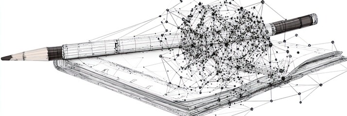 Leinwandbilder - networked pencil over an open notebook, lines, dots.