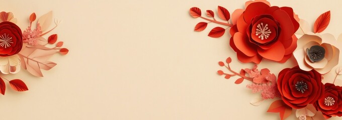 Poster - Paper crafted floral art with red and cream tones, neutral background.