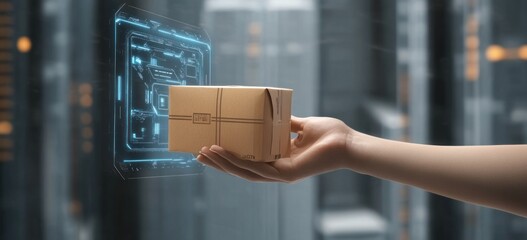 Poster - Hand holding package with digital interface.