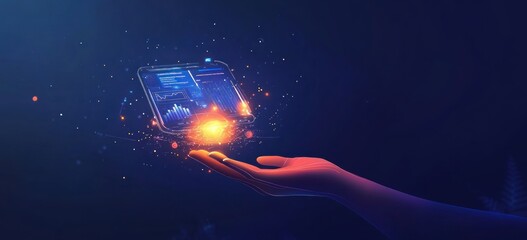 Poster - Glowing device hovering over hand, digital chart display.