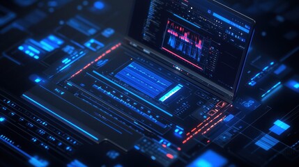 Aufkleber - Laptop on digital circuit, screen showing audio waves.