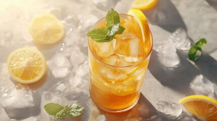 Poster - Refreshing iced tea with lemons and mint on ice.
