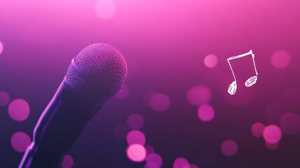 Poster - Microphone and a music note with bokeh pink highlights.