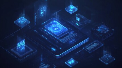 Aufkleber - Digital panels with data hovering in blue, dark background.