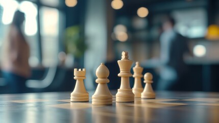 Poster - Chess pieces on board with blurred people in the background.