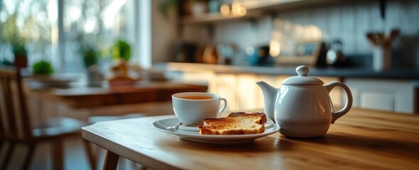 Poster - Breakfast with tea, toast in bright kitchen.