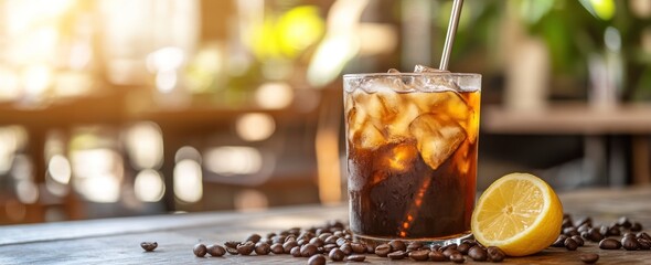 Aufkleber - Iced coffee with lemon, coffee beans, and a straw on a wooden table.
