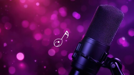 Poster - Dark microphone with musical note on a bokeh purple background.