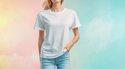 Poster - Casual lightweight cotton T shirt with rolled up sleeves floating gently mid air against a clean bright gradient background in shades of blue and white creating a fresh