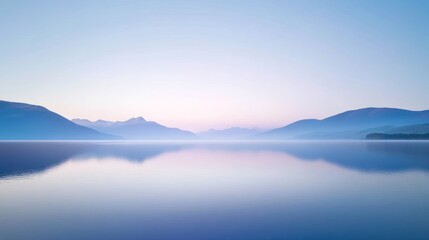 Poster - Serene lake reflects misty mountains at dusk.