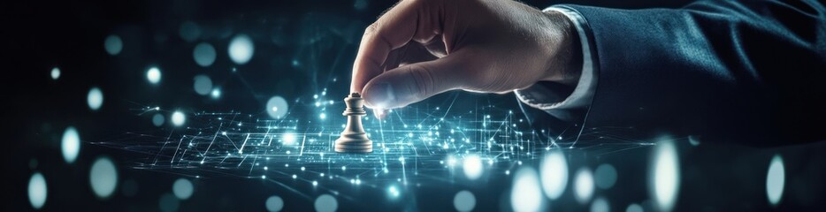 Poster - Man hand moves chess piece on glowing network.