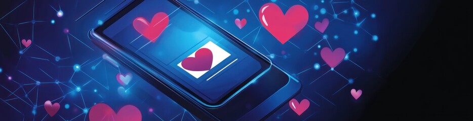 Aufkleber - Heart icons float around phone against tech network.