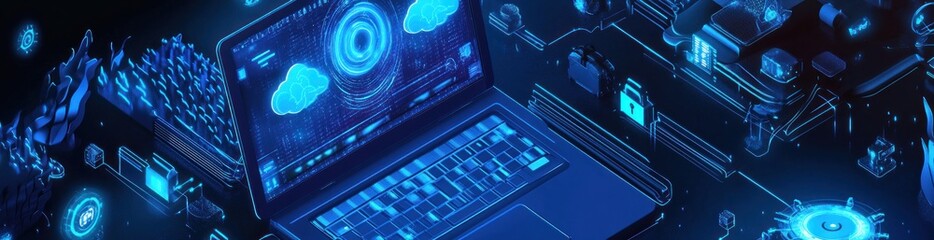 Leinwandbilder - Cyber laptop with digital elements and a glowing blue circuit board.