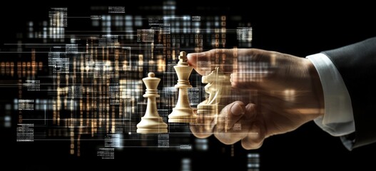 Poster - Hand holds chess pieces with digital overlay.