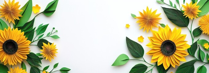 Poster - Paper sunflowers with green leaves on white.