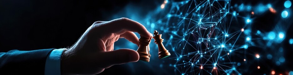 Poster - Hand holds king chess piece against a tech network background.