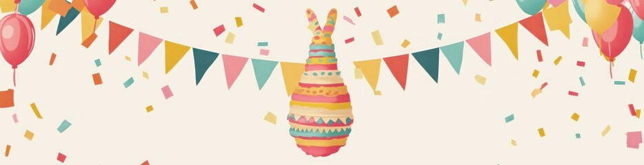 Poster - Festive celebration with pinata, flags, balloons, confetti.