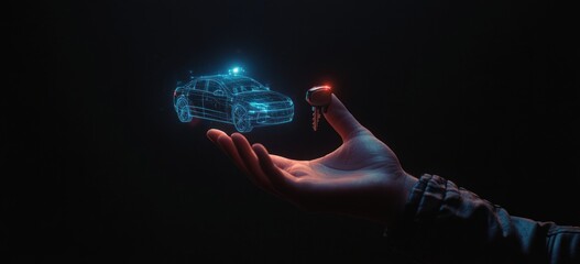 Poster - Hand holding holographic car with key.