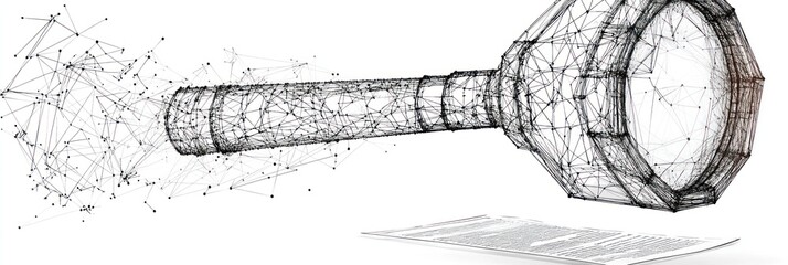 Poster - Digital, abstract magnification tool with connections, document underneath.