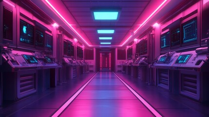 Poster - Futuristic Sci-Fi Corridor with Neon Lights and High-Tech Control Panels in a Sleek, Modern Environment Ideal for Conceptual Designs and Illustrations