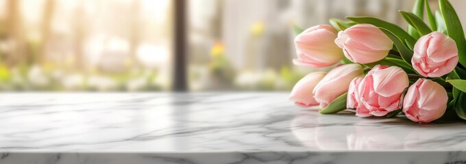 Poster - Pink tulips on marble counter with blurred nature background.