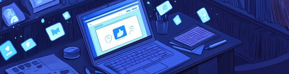 Aufkleber - Desk with laptop, floating icons, and blue night scene.