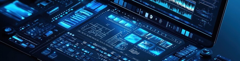 Poster - Blue digital display of data analytics, circuits, technology.