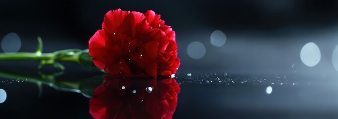Aufkleber - Red carnation with water drops on dark reflective surface with bokeh.