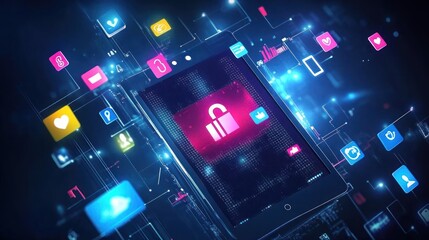Poster - Open padlock on tablet, digital network, floating app icons.