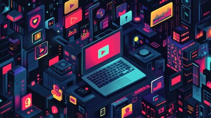 Poster - Digital city with computer and social media icons.