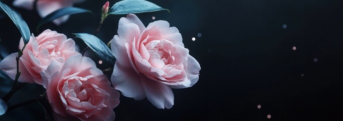 Poster - Pink rose blooms with dark background and bokeh.