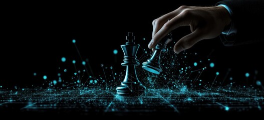 Poster - Hand moving chess piece on digital board; concept.