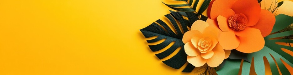 Poster - Paper flowers and leaves on yellow background. (1)