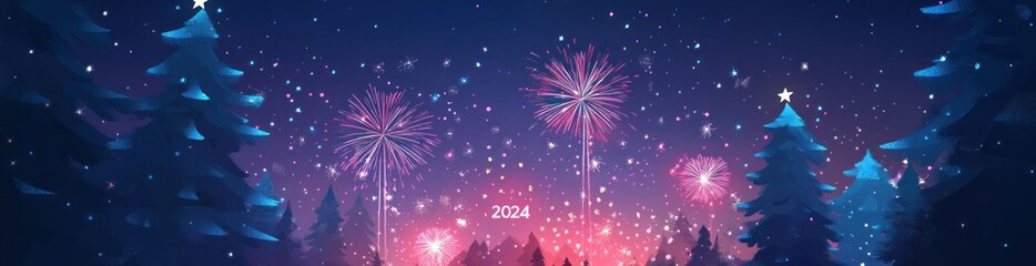 Poster - Winter night with fireworks and snowy firs.