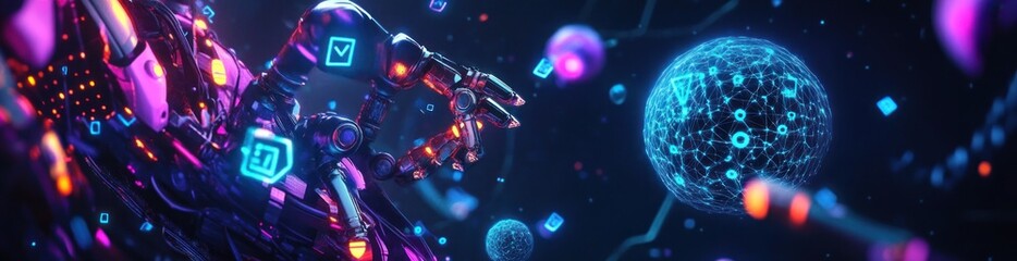 Poster - Neon robot with network sphere in cosmic space.