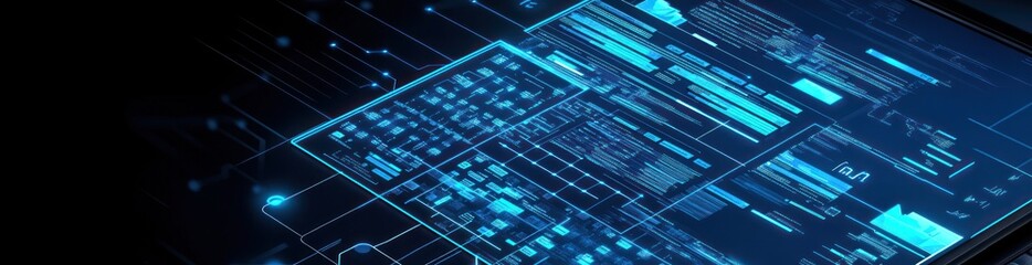 Aufkleber - Blue circuit board with lines, data, glowing nodes on dark background.